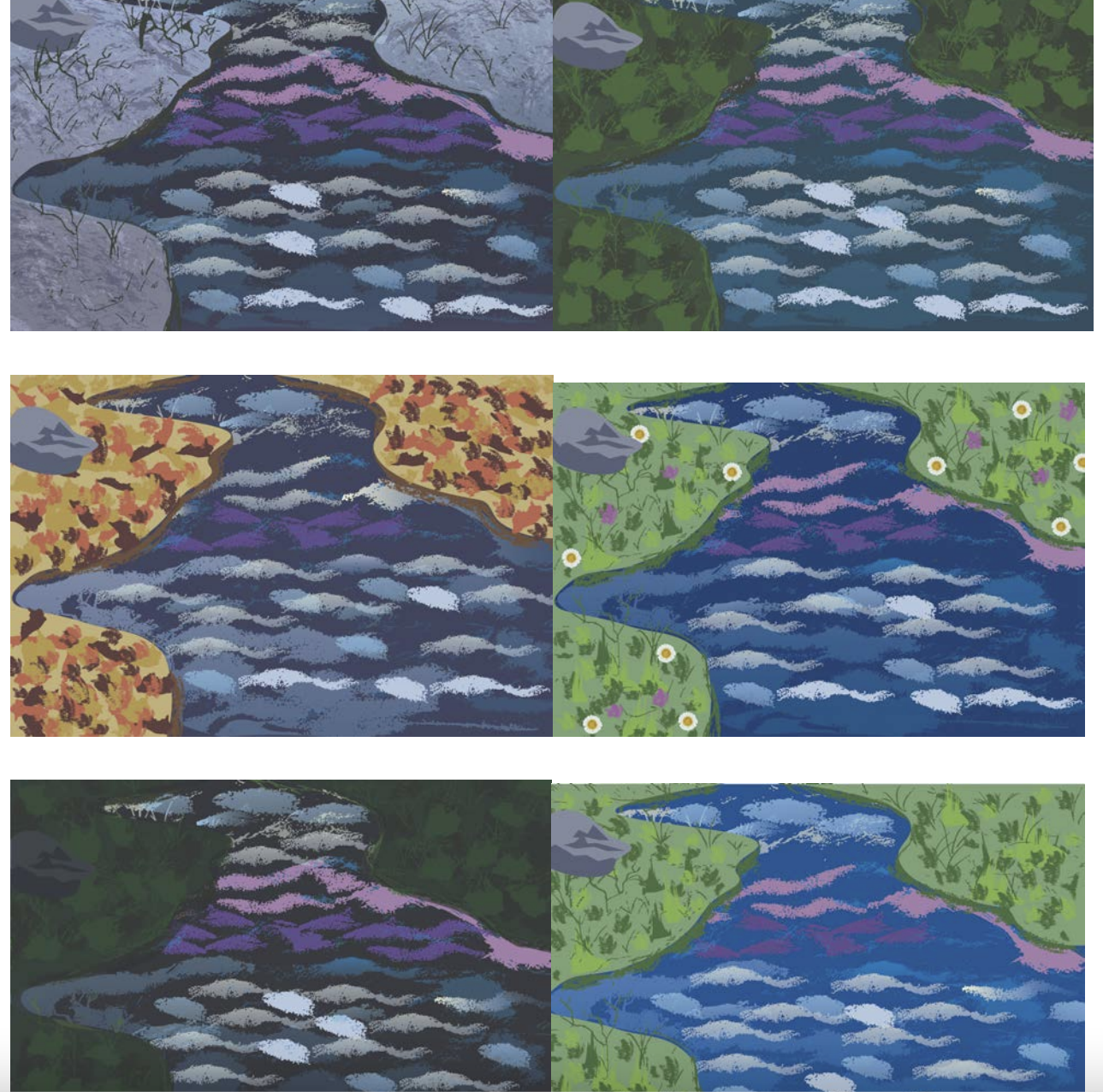 Grid of illustrations of a river, depicted in different seasons and times of day