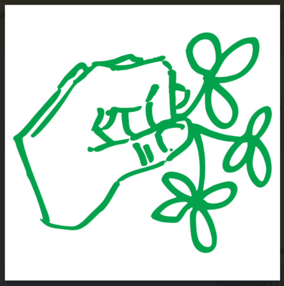 Illustration of a hand holding a flower, green on white background