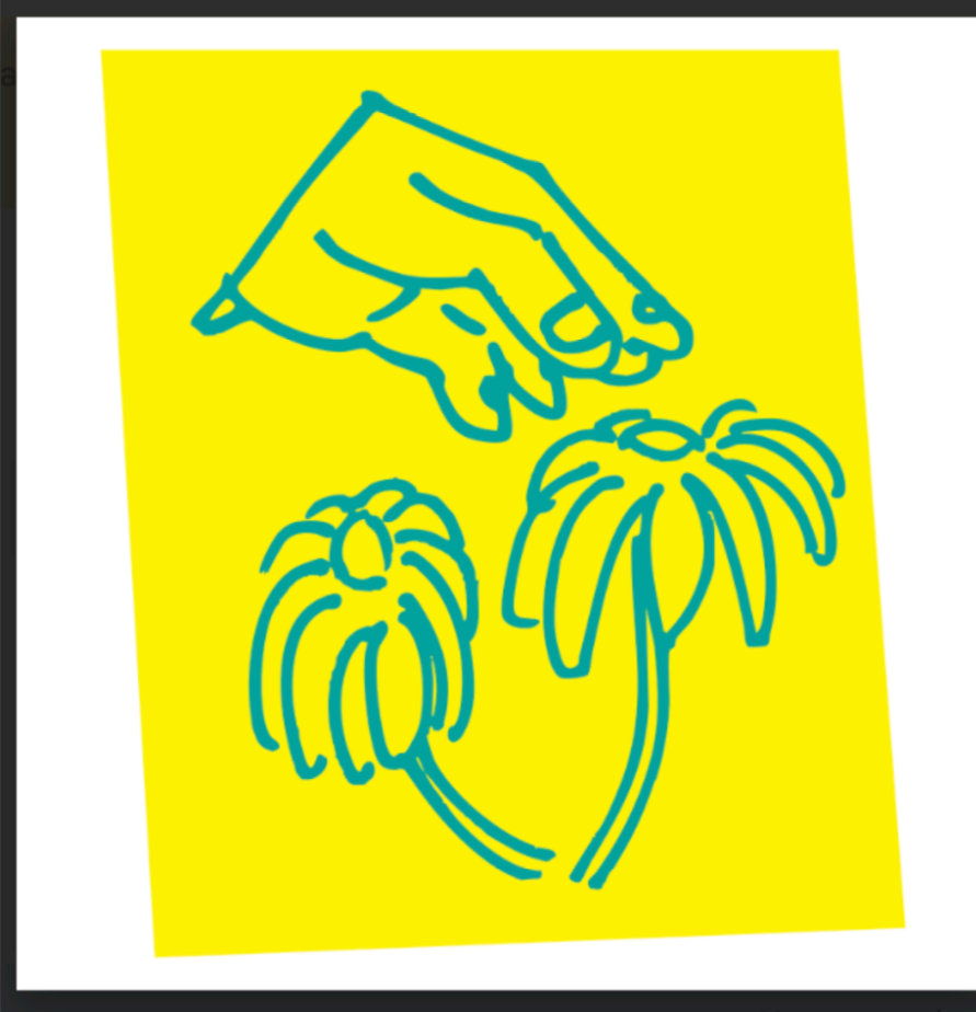 Illustration of a hand picking a flower, blue on yellow background